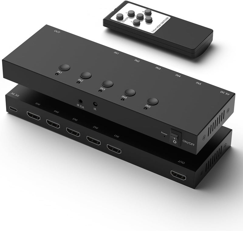 Ruipoo 5Port HDMI Switcher 4K@60Hz 5In 1Out HDMI Selector with IR Remote Supports Full HD 4K/1080P/3D & HDCP2.2 for Switch,Xbox,PS4/PS5,Fire Stick,Roku,Apple TV etc. - Image 1